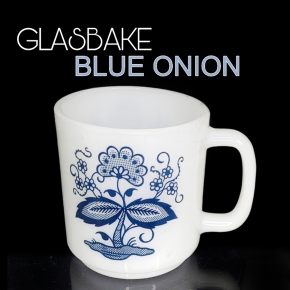 Vintage Other - Vintage glasbake milk glass with blue onion pattern mug